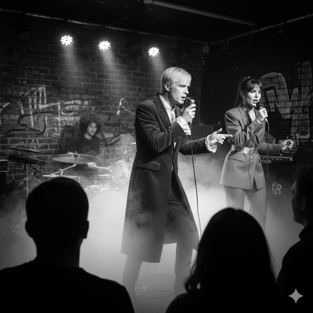 Close up of a singer performing passionately into a vintage microphone.