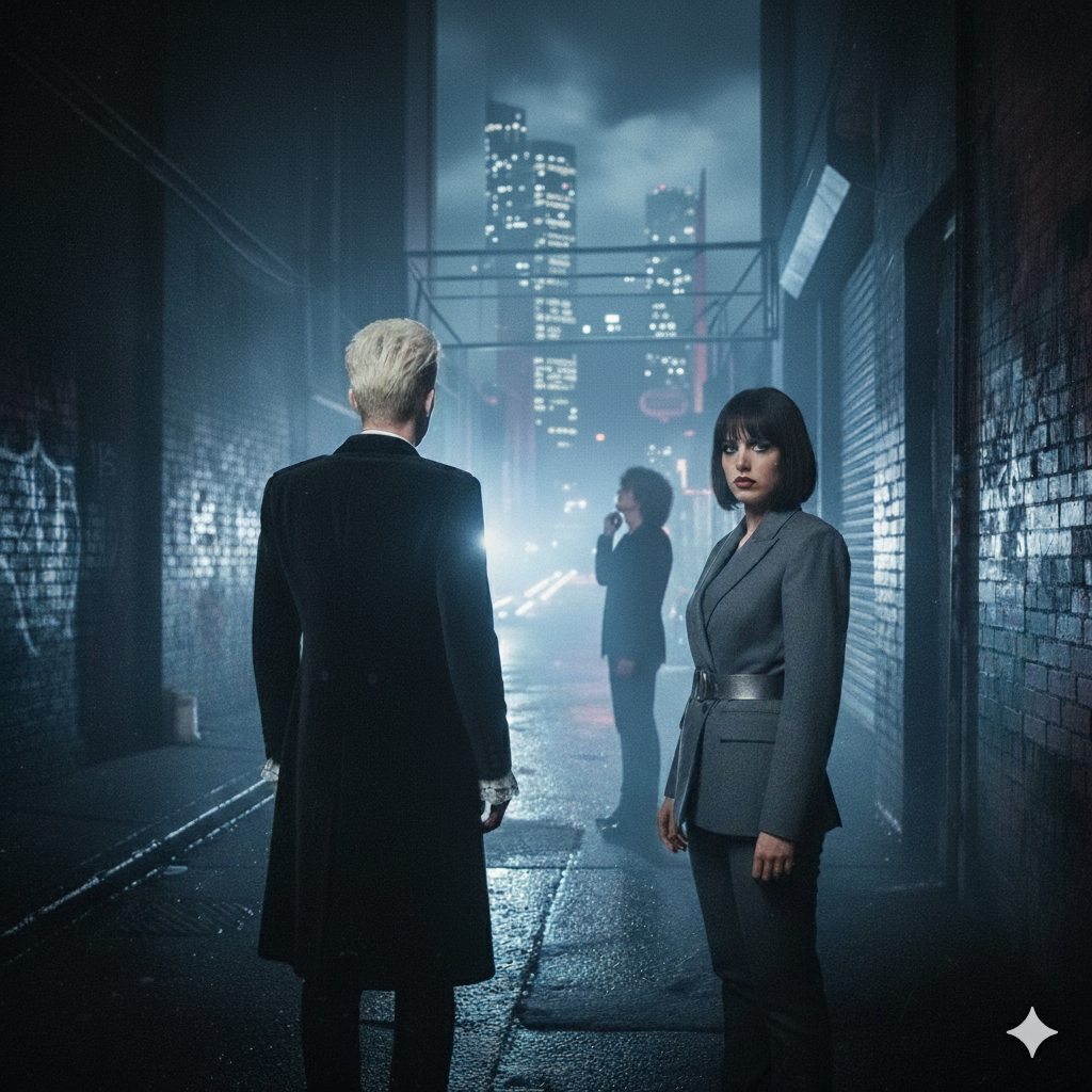 Band on a dark, moody stage with blue and purple lighting.